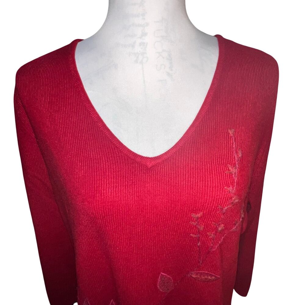 Evan Picone DeepV 3D Embroidered Fine Ribbed Tunic Sweater Ladies 2X Festive Y2K